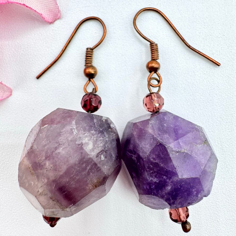 Raw Amethyst Nugget Dangle Earrings Copper Tone Ear Wire Tested 16.95 Grams Big